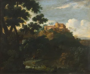 Paysage montagneux boisé avec des voyageurs sur un chemin, une villa au-delà
